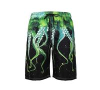 Chickwin 3D Printed Beach Pants, Men's Casual Plus Size Quick Dry Summer Surfing Holiday Creative Funny Swimwear Sports Running Board Shorts Outdoor Wide Leg Straight (L,Green Octopus)
