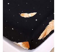 Chickwin Bohemian Printed Fitted Sheets for Double King Single Size Bed, 100% Polyester Bedding Sheets, Deep Pocket 30cm - Shrinkage Fade Resistant Easy Care (Black feather,150x200x30cm)