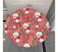 Chickwin Christmas Mistletoe Pattern Waterproof Round Tablecloth Elastic Edged Fitted Table Cover, Elasticated Round Tablecloths for Circular Table, Diameter 90cm