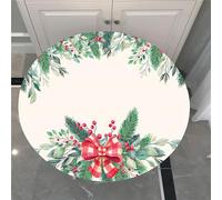 Chickwin Christmas Red Berries Pattern Waterproof Round Tablecloth Elastic Edged Fitted Table Cover, Elasticated Round Tablecloths for Circular Table (Pine Leaves,Diameter 120cm)