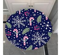 Chickwin Christmas Red Berries Pattern Waterproof Round Tablecloth Elastic Edged Fitted Table Cover, Elasticated Round Tablecloths for Circular Table (Christmas Cane,Diameter 200cm)