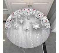 Chickwin Christmas Red Berries Pattern Waterproof Round Tablecloth Elastic Edged Fitted Table Cover, Elasticated Round Tablecloths for Circular Table (Snowflake,Diameter 150cm)