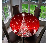 Chickwin Christmas Round Fitted Tablecloth with Elastic Edged, Fantasy Red Christmas Printed Xmas Tablecloth Waterproof Wipe Clean Table Cover for Kitchen Outdoor (100cm,Christmas Tree F)