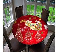 Chickwin Christmas Round Fitted Tablecloth with Elastic Edged, Fantasy Red Christmas Printed Xmas Tablecloth Waterproof Wipe Clean Table Cover for Kitchen Outdoor (90cm,Christmas Tree G)