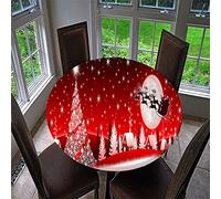 Chickwin Christmas Round Fitted Tablecloth with Elastic Edged, Fantasy Red Christmas Printed Xmas Tablecloth Waterproof Wipe Clean Table Cover for Kitchen Outdoor (150cm,Christmas Tree E)