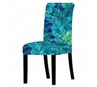 Chickwin Decorative Chair Covers for Dining Chairs - Tropical Leaves Print Dining Chair Covers Set of 1/2/4/6, High Back Elastic Dining Chair Slipcovers Stretch Universal (Blue Leaf,6 Pieces)