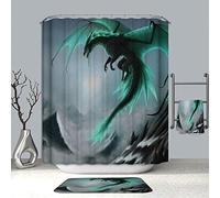 Chickwin Dragon Shower Curtains Mould Proof Waterproof Washable Curtains with 12 Hooks Creative 3D Printed Dry Quickly Polyester Shower Liner Bathroom Decor (Green dragon,90x180cm)