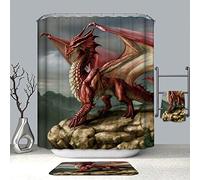 Chickwin Dragon Shower Curtains Mould Proof Waterproof Washable Curtains with 12 Hooks Creative 3D Printed Dry Quickly Polyester Shower Liner Bathroom Decor (Red dragon,90x180cm)