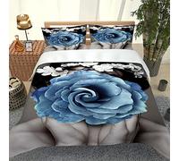 Chickwin Duvet Cover Set 3D, Rose Flower Print 3 Piece Bedding Set with Zipper Quilt Cover and Pillowcases for Bedroom Single Double King & Super King Size (Blue,135x200cm)