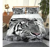 Chickwin Duvet Cover Set 3D, Tiger Animal Print 3 Piece Bedding Set with Zipper Quilt Cover and Pillowcases (50x75cm) for Bedroom Single Double King & Super King Size (Grey White,200x200cm)