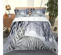 Chickwin Duvet Cover Set 3D, Tiger Animal Print 3 Piece Bedding Set with Zipper Quilt Cover and Pillowcases (50x75cm) for Bedroom Single Double King & Super King Size (Forest Snow,200x200cm)