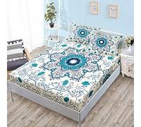 Chickwin Fitted Sheet with Pillowcase Mandala Bed Sheets for Single Double Bed, Soft Microfibre Easy Care Fitted Sheet Shrinkage Fade Resistant Deep Pocket 40cm (152x203x40cm,Beige turquoise)