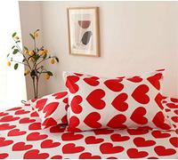 Chickwin Flower Printed Fitted Sheets 100% Polyester Bedding Sheets, Double King Single Size Bed for Deep Pocket 30cm - Shrinkage Fade Resistant Easy Care (Red heart,2-Pillowcase)