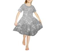 Chickwin Girls Dress Short Sleeve A Line Round Neck 3D Bling Printed Girls Dress Spring Summer Casual Girls Party Dress Girls' Dresses Princess Dress Birthday Dress 4-14 Years Silver