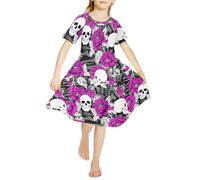 Chickwin Girls Dress Short Sleeve A Line Round Neck 3D Skull Printed Girls Dress Spring Summer Casual Girls Party Dress Girls' Dresses Princess Dress Birthday Dress 4-14 Years Purple