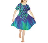 Chickwin Girls Dress Short Sleeve A Line Round Neck Fishtail Printed Girls Dress Spring Summer Casual Girls Party Dress Girls' Dresses Princess Dress Birthday Dress 4-14 Years Peacock Blue