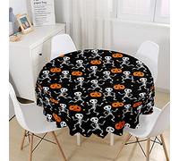 Chickwin Halloween Round Tablecloth Waterproof Dust-Proof Table Cloth 3D Cute Cartoon Pumpkin Printed Polyester Tablecloths Round Tabletop Decor for Kitchen Garden Outdoor (Little Skull,150cm)