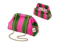 Chickwin Mahjong Tile Bag with Removable Chain, Empty Woven Striped Dumpling Clutch Purse for American Mah Jongg Tiles, Gold Mahjong Lucky Charm, Mahjong Gifts for Women and Game Lovers(PinkGreen)
