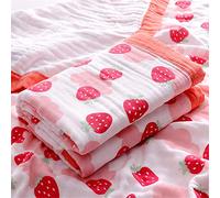 Chickwin Muslins Swaddle Cartoon Printed Blanket for Newborn/Baby, Soft 6 Layers of Cotton Muslins Cloths Bath Towel Toddler Baby Shower Pram Cot Bed Sleeping Throw (110x110cm,Strawberry)