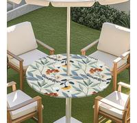 Chickwin Outdoor Round Tablecloth Waterproof with Parasol Hole and Zipper, 3D Colorful Floral Plants Wipe Clean Table Cover with Elastic Edges for Garden Table Picnic Party (Style 1,31"-35")