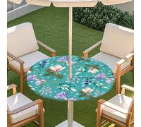 Chickwin Outdoor Round Tablecloth Waterproof with Parasol Hole and Zipper, 3D Colorful Floral Plants Wipe Clean Table Cover with Elastic Edges for Garden Table Picnic Party (Style 9,36"-44")
