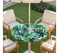 Chickwin Outdoor Waterproof Round Tablecloth with Parasol Hole, 3D Tropical Monstera Pattern Wipe Clean Zipper Table Cover with Elastic Edges for Garden Table, BBQ, Party (Green 6,31"-35")