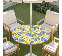Chickwin Outdoor Waterproof Round Tablecloth with Parasol Hole and Zipper, 3D Summer Tropical Fruits Printed Patio Table Cover with Elastic Edges for Garden, BBQs, Picnic (Lemon,45"-54")