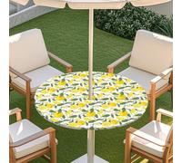 Chickwin Outdoor Waterproof Round Tablecloth with Parasol Hole and Zipper, 3D Summer Tropical Fruits Printed Patio Table Cover with Elastic Edges for Garden, BBQs, Picnic (Lemon flower,31"-35")