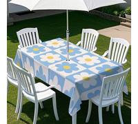 Chickwin Outdoor Wipe Clean Tablecloth Rectangle with Parasol Hole and Zipper, Cute Floral PatternWaterproof Polyester Table Cloth or Garden Table, BBQs, Family Gatherings (Blue & white,102x60in)