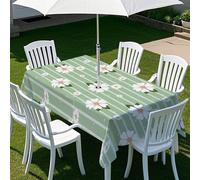 Chickwin Outdoor Wipe Clean Tablecloth Rectangle with Parasol Hole and Zipper, Cute Floral PatternWaterproof Polyester Table Cloth or Garden Table, BBQs, Family Gatherings (Green stripes,84x60in)
