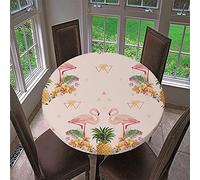 Chickwin Round Fitted Tablecloth Elastic Edged, 3D Summer Tropical Flamingo Pattern Tablecloth Waterproof Wipe Clean Table Cover for Cafe Kitchen Outdoor Family Gathering (Pineapple,100cm)