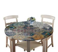 Chickwin Round Fitted Tablecloth Elastic Edged, Indian Style Exotic 3D Mandala Printed Tablecloth Waterproof Wipe Clean Table Cover, Kitchen Outdoor Family Gathering (Fast Green,Diameter 180cm)