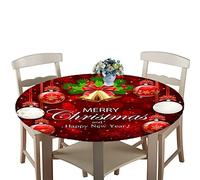 Chickwin Round Fitted Tablecloth Waterproof Dust-Proof Wipe Clean, 3d Red Christmas Print Circular Table Cover Elastic Edged Tablecloths for Kitchen Patio Indoor Outdoor (130cm,festive christmas)