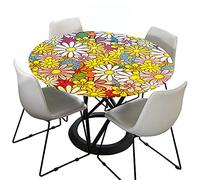 Chickwin Round Fitted Tablecloth Waterproof Dust-Proof Wipe Clean Daisy Printed Table Cover Elastic Edged, Table Protector for Kitchen Patio Dining Room (Colorful daisies,120cm)