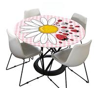 Chickwin Round Fitted Tablecloth Waterproof Dust-Proof Wipe Clean Daisy Printed Table Cover Elastic Edged, Table Protector for Kitchen Patio Dining Room (Strawberry lattice,120cm)