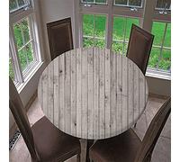 Chickwin Round Fitted Tablecloth with Elastic Edged 3D Wood Look Effect Printed Tablecloth Waterproof Wipe Clean Table Cover for Cafe Kitchen Outdoor Family Gathering (150cm,Grey)