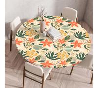 Chickwin Round Outdoor Tablecloth with Elastic Edge, Wipe Clean Circle Table Cover, Nordic Leaves Print Garden Table Fitted Tablecloth Non-Slip Stain-resistant Washable (Orange flowers,60cm)