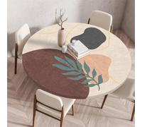 Chickwin Round Outdoor Tablecloth with Elastic Edge, Wipe Clean Circle Table Cover, Nordic Leaves Print Garden Table Fitted Tablecloth Non-Slip Stain-resistant Washable (Beige 1,60cm)