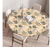 Chickwin Round Outdoor Tablecloth with Elastic Edge, Wipe Clean Circle Table Cover, Nordic Leaves Print Garden Table Fitted Tablecloth Non-Slip Stain-resistant Washable (White flowers,110cm)