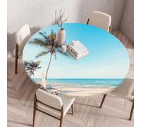 Chickwin Round Outdoor Tablecloth with Elastic Edge, Wipe Clean Waterproof Table Cover 3D Coconut Beach Prints Anti-slip Washable Fitted Tablecloth for Garden Table (Color 9,140cm)
