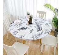 Chickwin Round Table Cover with Elastic Band, Waterproof Wipe Clean Outdoor Circle Table Cloth, Green Palm Leaves Banana Leaves Pattern Fitted Tablecloth Non-Slip Washable (White Grass,80cm)