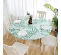Chickwin Round Table Cover with Elastic Band, Waterproof Wipe Clean Outdoor Circle Table Cloth, Green Palm Leaves Banana Leaves Pattern Fitted Tablecloth Non-Slip Washable (Palm Leaves,80cm)