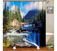 Chickwin Shower Curtain for Bathroom Green Nature Mountain Stream Water landscape Printed 3D Mildew Washable Polyester Fabric Decor Bath Curtain with 12 Hooks (180x180cm,Blue Sky Waterfall)