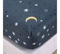 Chickwin Small Double Bed Fitted Sheet -30cm Deep, Blue Moon Star Cartoon 4ft Fitted Sheets, Soft Brushed Microfiber Easy Care Fade Resistant Breathable Fitted Sheet (120x200cm)