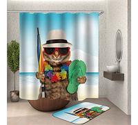 Chickwin Waterproof 3D Shower Curtain, Cat Dog Printing Polyester Mould Proof Resistant Liner Dry Quickly Bathroom Curtain with Hooks for Bathroom Shower Stall Home Decor (Beach Cat,150x180cm)
