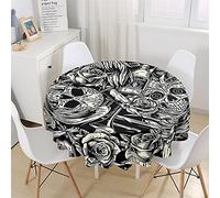 Chickwin Waterproof Round Tablecloth, Dust-Proof Table Cloth 3D Gothic Punk Skull Printed Polyester Tablecloths Round Tabletop Decor for Kitchen Garden Outdoor (Rose Skull,120cm)