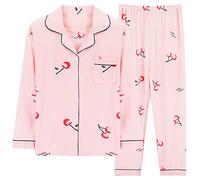 Chickwin Women Long Sleeve Button Up Pajamas Set Pink Casual Comfortable Winter Pyjamas 2 Piece Ladies Fashionable Homewear Trousers Sleepwear (Cherry,M)