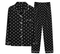 Chickwin Women Long Sleeve Button Up Pajamas Set Polka Dot Casual Comfortable Winter Pyjamas 2 Piece Ladies Fashionable Homewear Trousers Sleepwear (Black,M)
