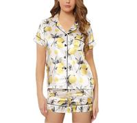 Chickwin Womens Pajamas Set Satin Ladies Casual Short Sleeve Pyjamas with Button Up Cardigan Soft Comfortable Summer Homewear Elastic Waist Shorts Sleepwear Set Lemon