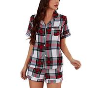 Chickwin Womens Plaid Pajamas Set, Ladies Casual Short Sleeve Pyjamas with Button Up Cardigan Soft Comfortable Summer Homewear Chic Drawstring Shorts Sleepwear Set White Red